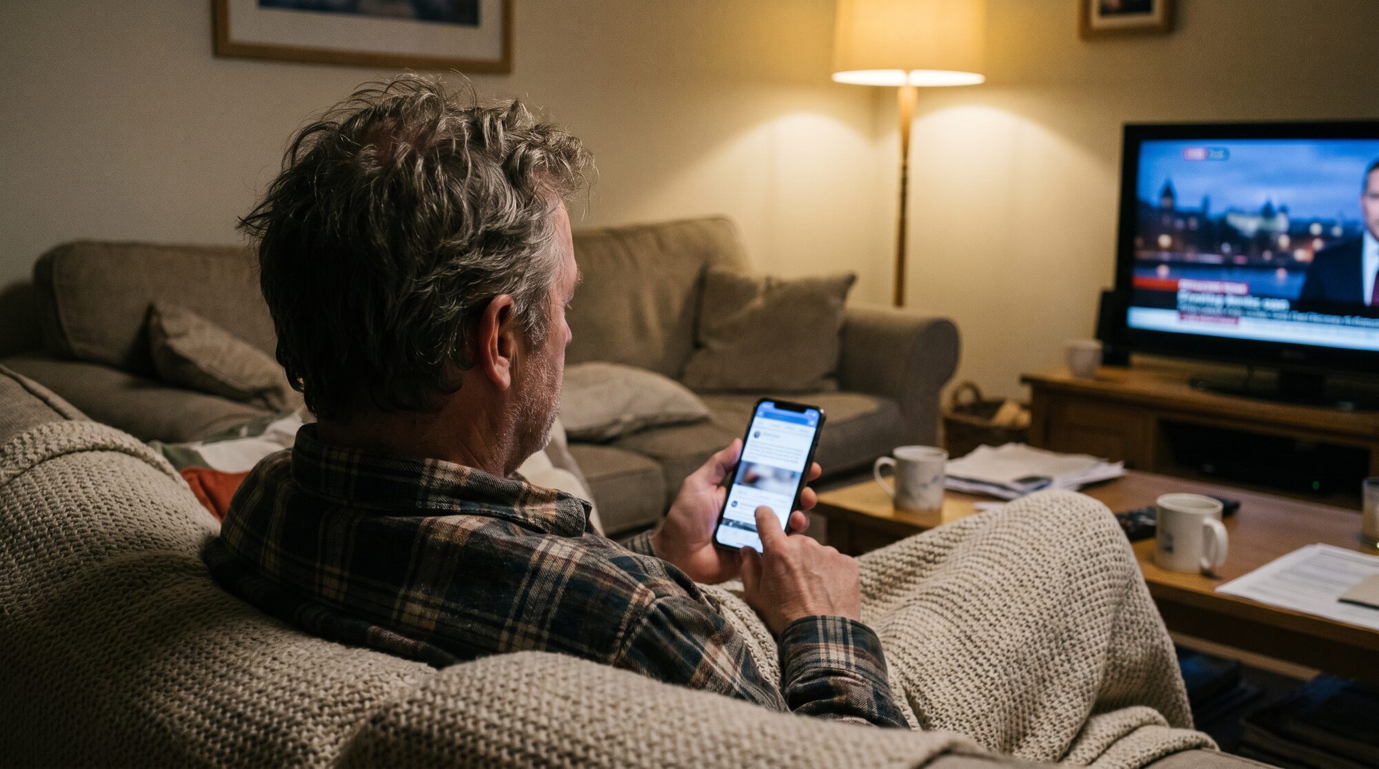Ein Kunde informiert sich abends auf dem Sofa mit dem Smartphone