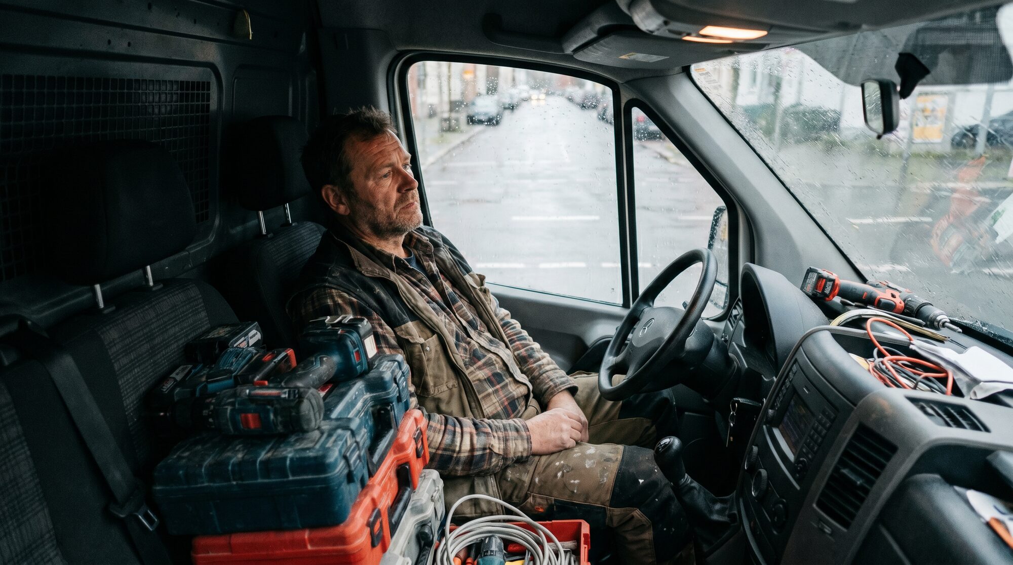 Handwerker im Fahrzeug mit Smartphone