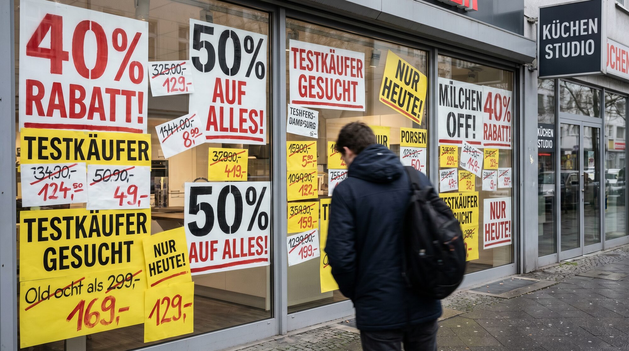 Schaufenster voller Rabattplakate