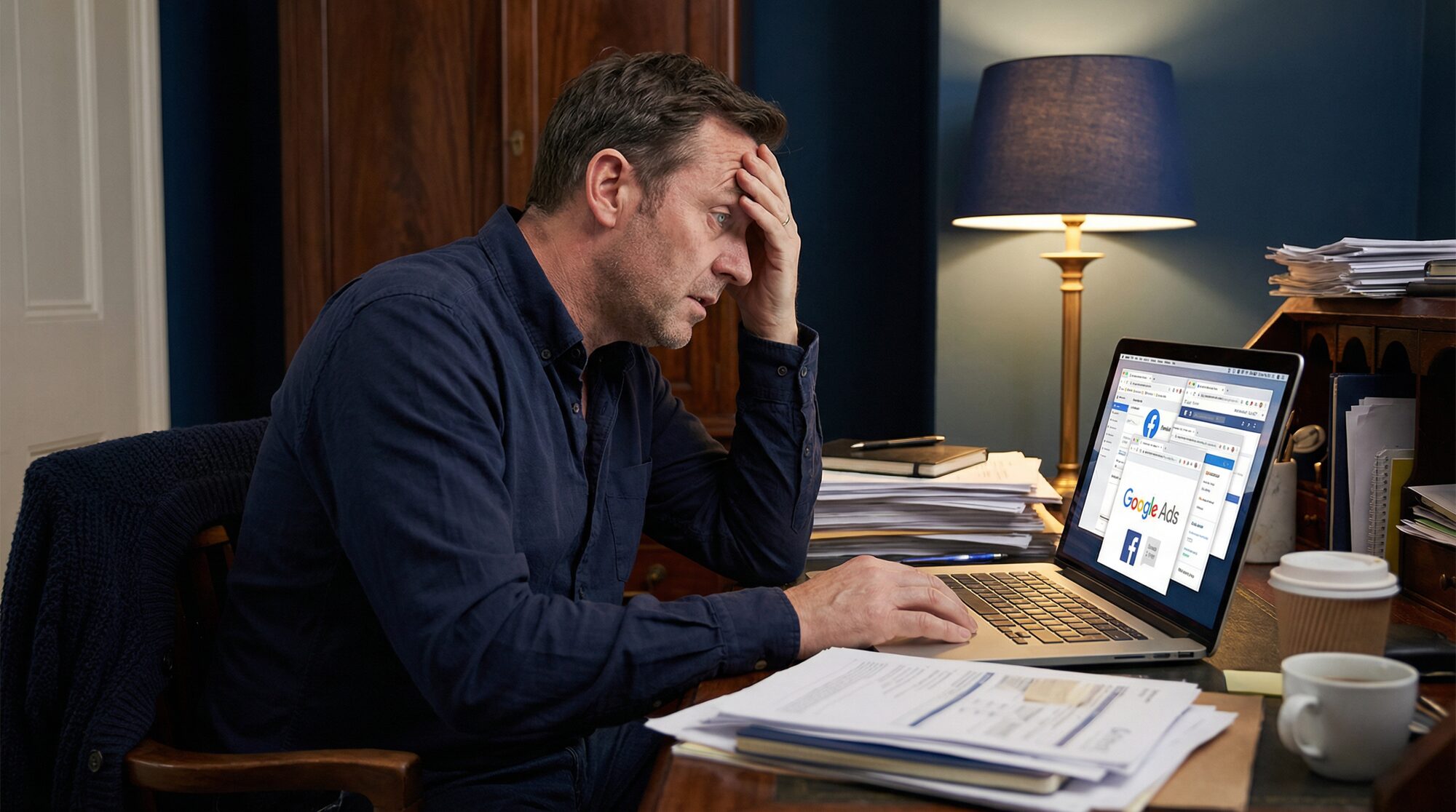 Unternehmer abends am Schreibtisch zwischen Papieren und Laptop